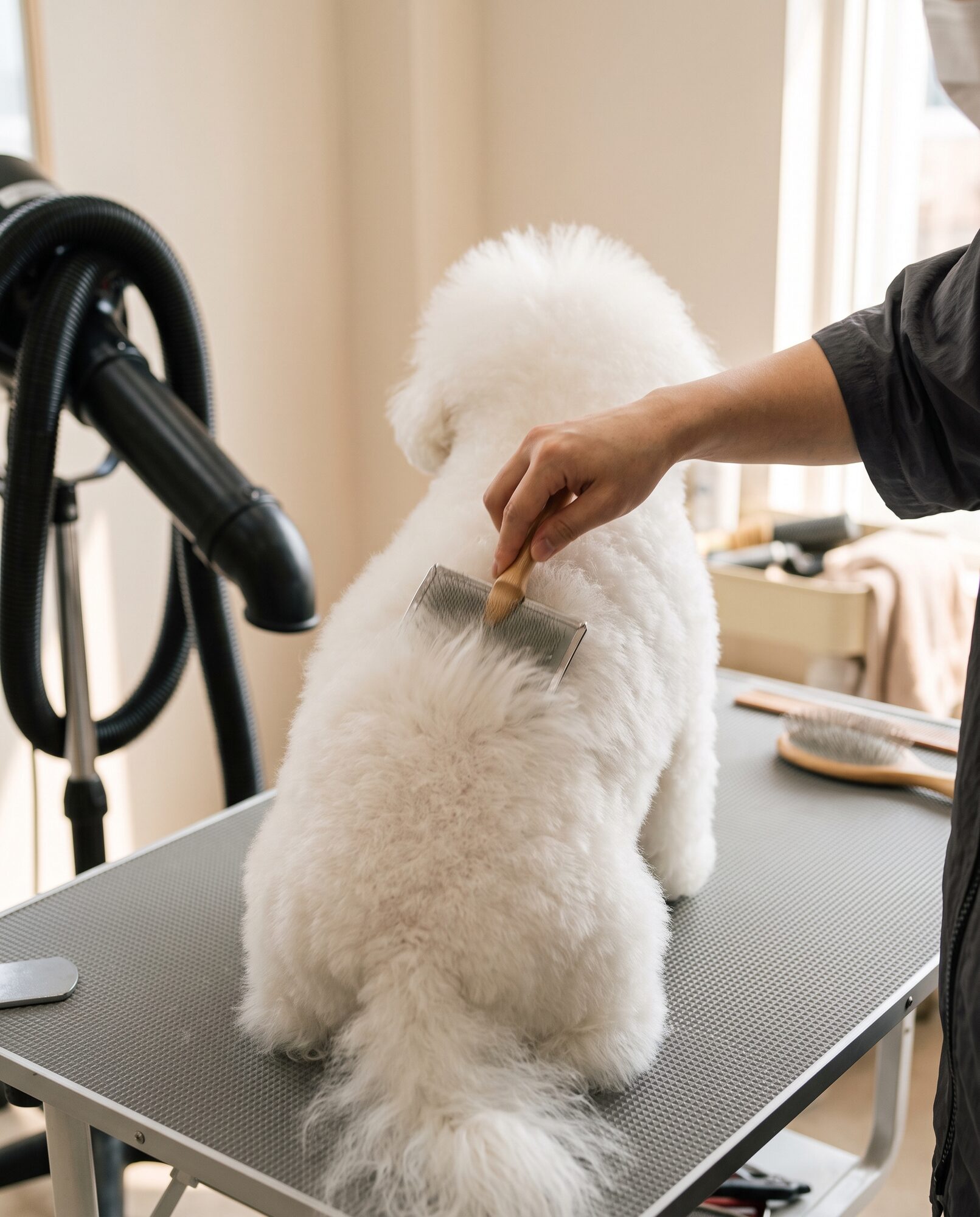 A bichon under the dryer