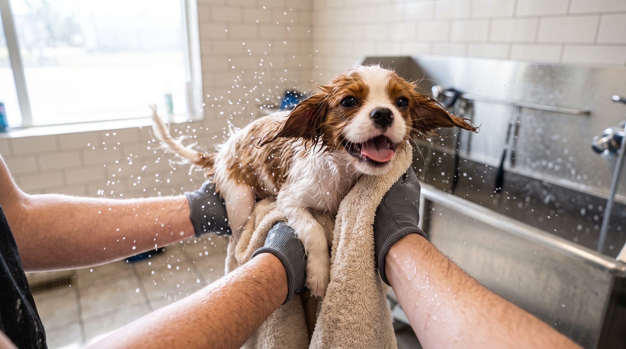 Wrapping a wet puppy in a towel after the tub